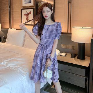 Plaid Puff-sleeve Gathered-waist Dress