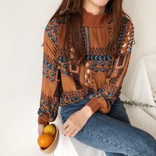 Pattern Mock-neck Long-sleeve Chiffon Top