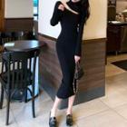 Mock Neck Long-sleeve Midi Sheath Dress Black - One Size