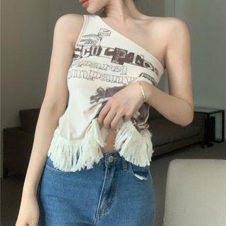One-shoulder Fringed Trim Tank Top