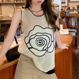 Sleeveless Flower Embroidered Crochet Knit Top Beige - One Size
