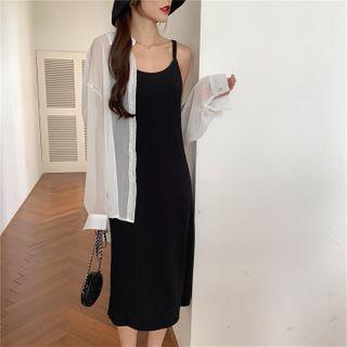 Long-sleeve Chiffon Shirt / Spaghetti Strap A-line Midi Dress