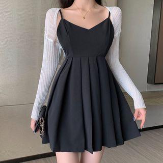 Long-sleeve Plain Sheer Knit Cardigan / Spaghetti-strap Plain Pleated Dress