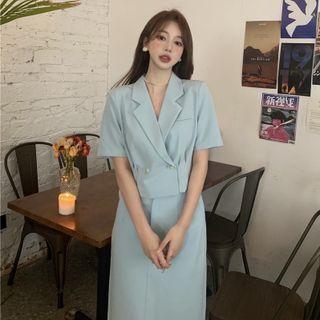 Short-sleeve Double-breasted Blazer / Midi A-line Skirt
