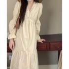 Bell-sleeve V-neck Plain Midi Dress Off-white - One Size