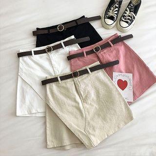 Plain Asymmetric High-waist A-line Skort With Belt