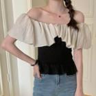 Off-shoulder Two-tone Blouse Black - One Size