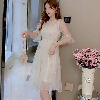 Elbow-sleeve Sequin Midi A-line Mesh Dress