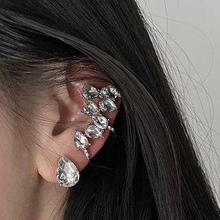 Rhinestone Cuff Earring Set - Ear Stud & Clip On Earring - Silver - One Size