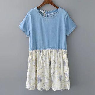 Short-sleeve Floral Print Panel Denim Dress