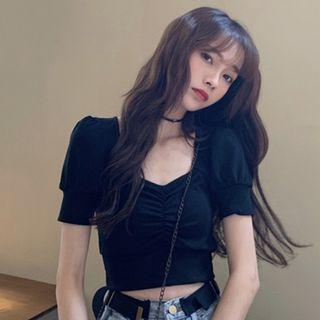 Short-sleeve Shirred Cropped T-shirt Black - One Size