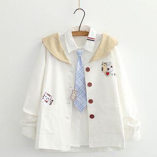 Contrast Collar Button Jacket / Long-sleeve Shirt / Set