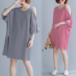 3/4-sleeve Cold Shoulder Striped Mini T-shirt Dress