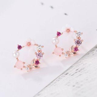 Faux Pearl Rhinestone Flower Earring 1 Pair - 925 Silver - As Shown In Figure - One Size