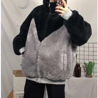 Two-tone Furry Zip Jacket As Shown In Figure - One Size