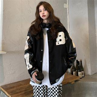 Lettering Print Faux Leather Panel Baseball Jacket