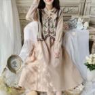 Set: Long-sleeve Midi A-line Dress + Embroidered Sweater Vest