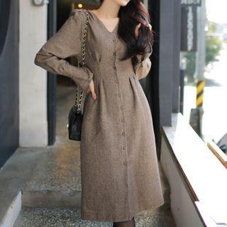 Pleated Herringbone Midi Dress