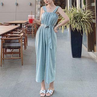 Sleeveless Checker Wide-leg Jumpsuit / Elbow-sleeve Crinkled Top / A-line Midi Skirt / Set