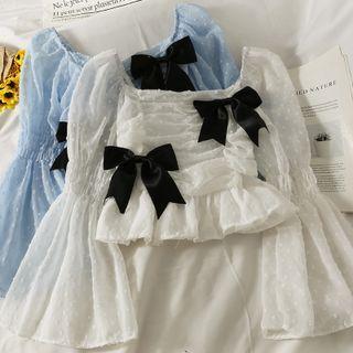 Off-shoulder Ribbon-accent Smocked Crop Top