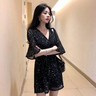 Elbow-sleeve Star Print Wide-leg Playsuit
