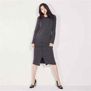 Button-trim Ribbed Knit Long Dress