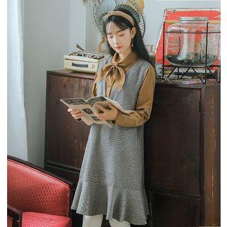 Long-sleeve Tie-neck Mock Two-piece Dress