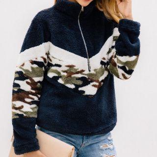Camo Print Panel Half-zip Fleece Pullover