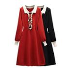Long-sleeve Collared Ruffled Knit Midi A-line Dress