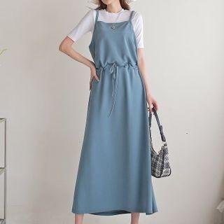 Tie-waist Kangaroo-pocket Maxi Overall Dress