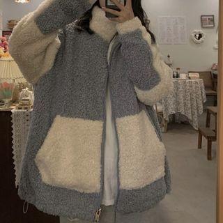 Two-tone Fleece Zip Jacket Blue & Beige - One Size