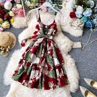 Leaf Print Tie-waist Layered Sleeveless Dress