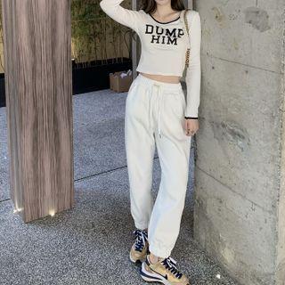 Long-sleeve Lettering Print Cropped T-shirt / Drawstring Sweatpants