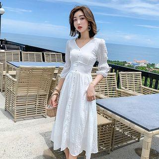 Puff-sleeve Textured Midi A-line Dress