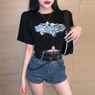 Chain-accent Printed Crop T-shirt / Denim Shorts