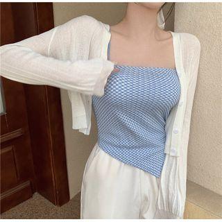 Plaid Asymmetrical Camisole Top / Cropped Cardigan / Shorts