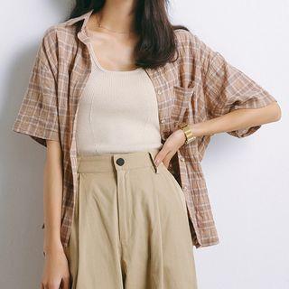 Gingham Short-sleeve Shirt Khaki - One Size