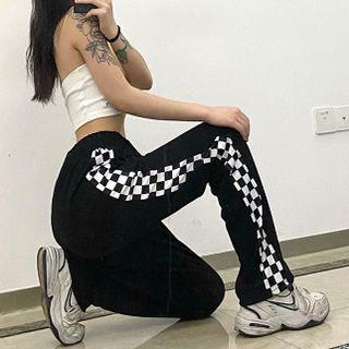 Check Print Paneled High Waist Sweatpants