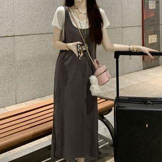 Mock Two-piece Short-sleeve Midi Dress White & Black - One Size