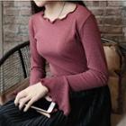 Plain Frilled Bell-sleeve Slim-fit Top