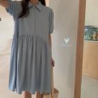 Puff-sleeve Loose Fit Pleated Shirt Dress