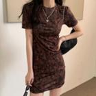Short-sleeve Tie-dye Mini Sheath Dress Brown - One Size