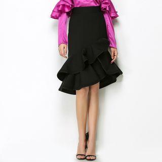 Ruffle Hem Asymmetric Midi Skirt