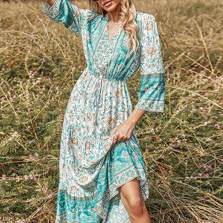 Floral Elbow-sleeve V-neck A-line Midi Dress