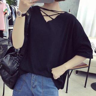 Plain Cross Strap Elbow Sleeve T-shirt