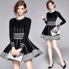 Long-sleeve Dotted Mini A-line Dress Black - One Size