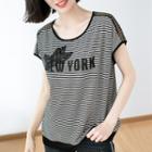 Lace Panel Lettering Striped Short-sleeve T-shirt