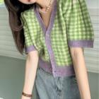 Short-sleeve Plaid Knit Top Plaid - Green - One Size