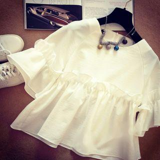 Ruffle Trim Chiffon Elbow-sleeve Top