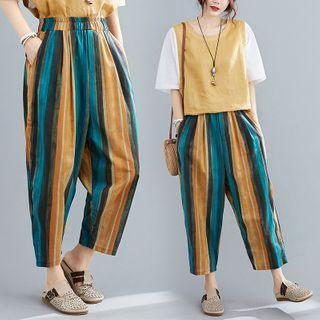 Band-waist Striped Cropped Harem Pants